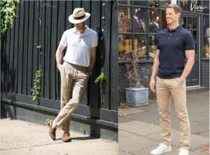 Phối đồ áo polo trắng với quần kaki tạo set đồ thanh lịch và dễ mặc